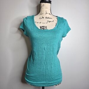 LOFT 100% Linen Scoop Neck T-Shirt - Teal Green - Size Small